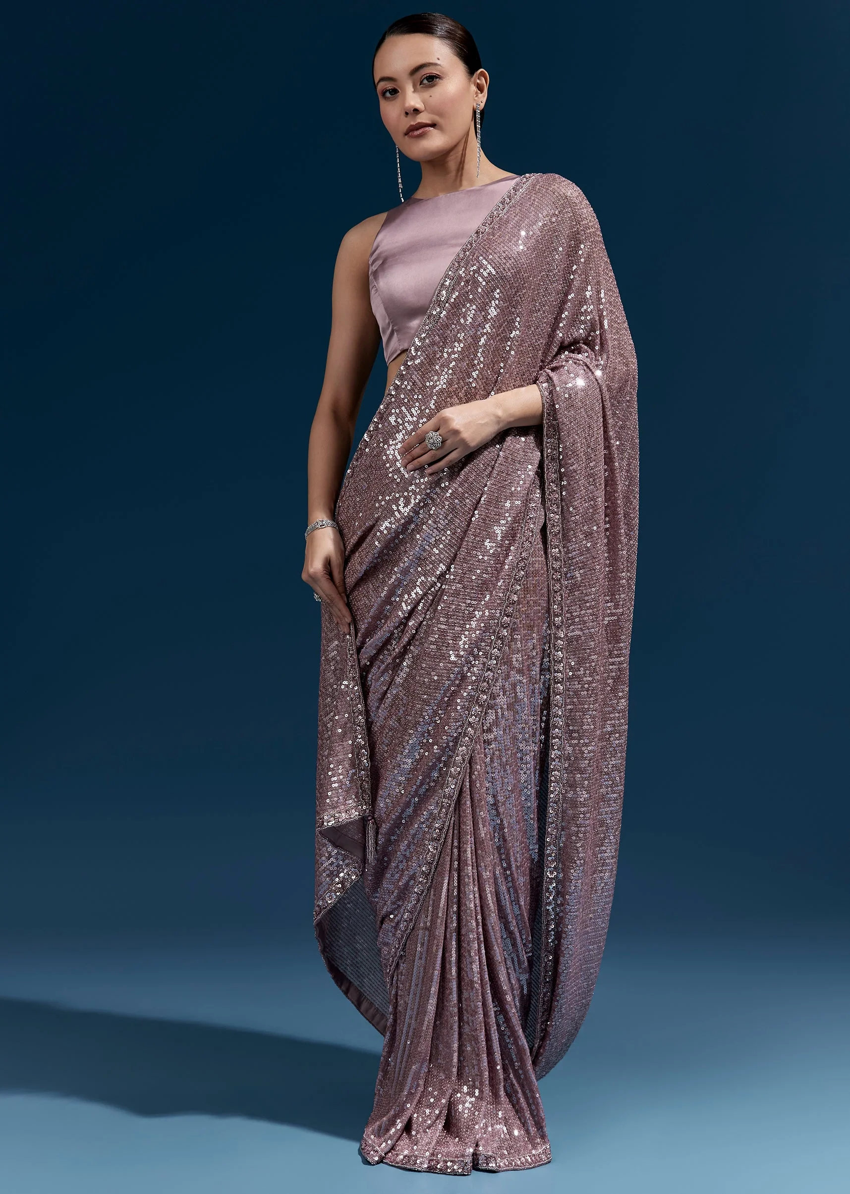 Purple Net Sequin Saree With Linear All Over Work And Hand Embroidered Floral Border