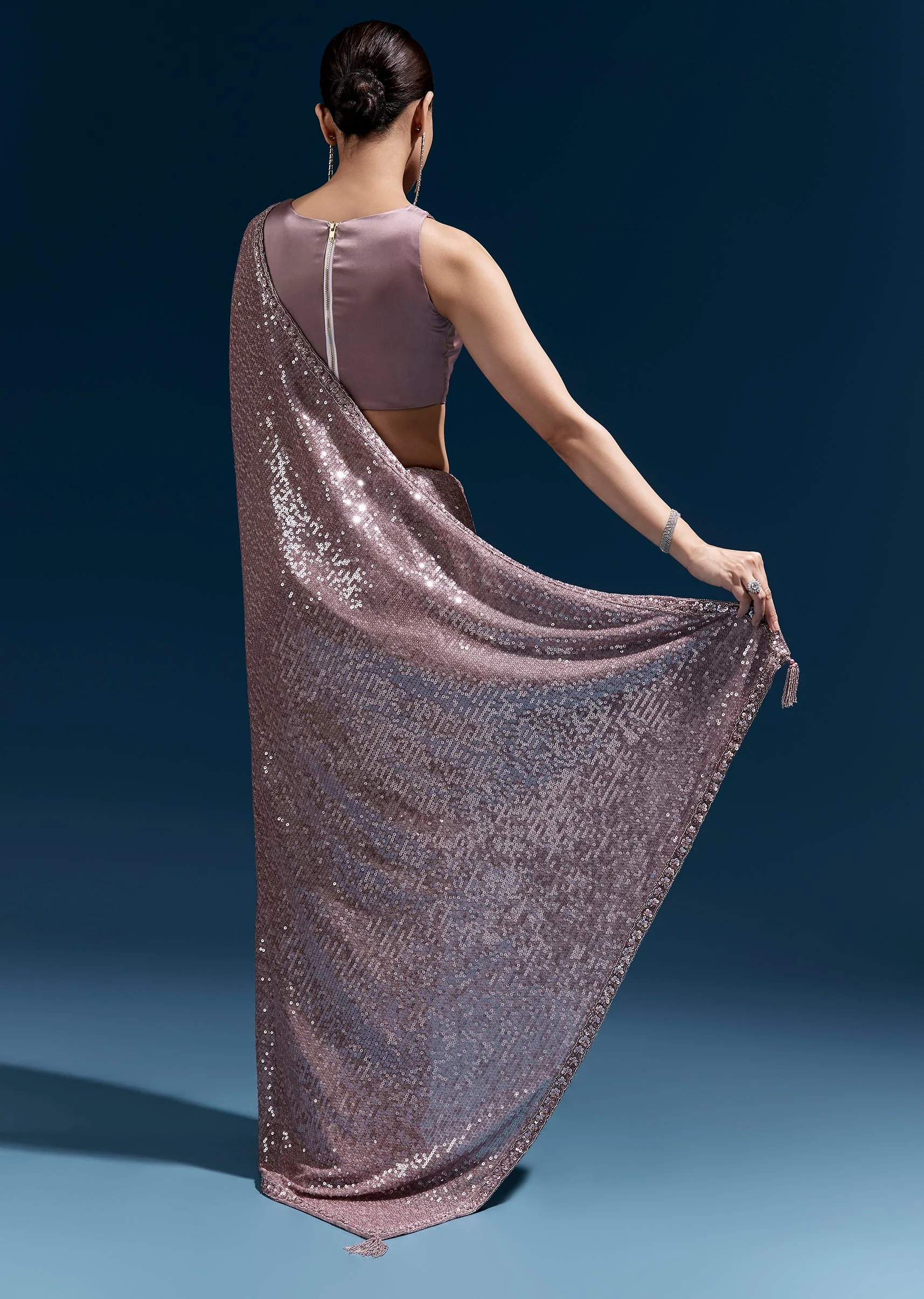 Purple Net Sequin Saree With Linear All Over Work And Hand Embroidered Floral Border