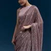 Purple Net Sequin Saree With Linear All Over Work And Hand Embroidered Floral Border