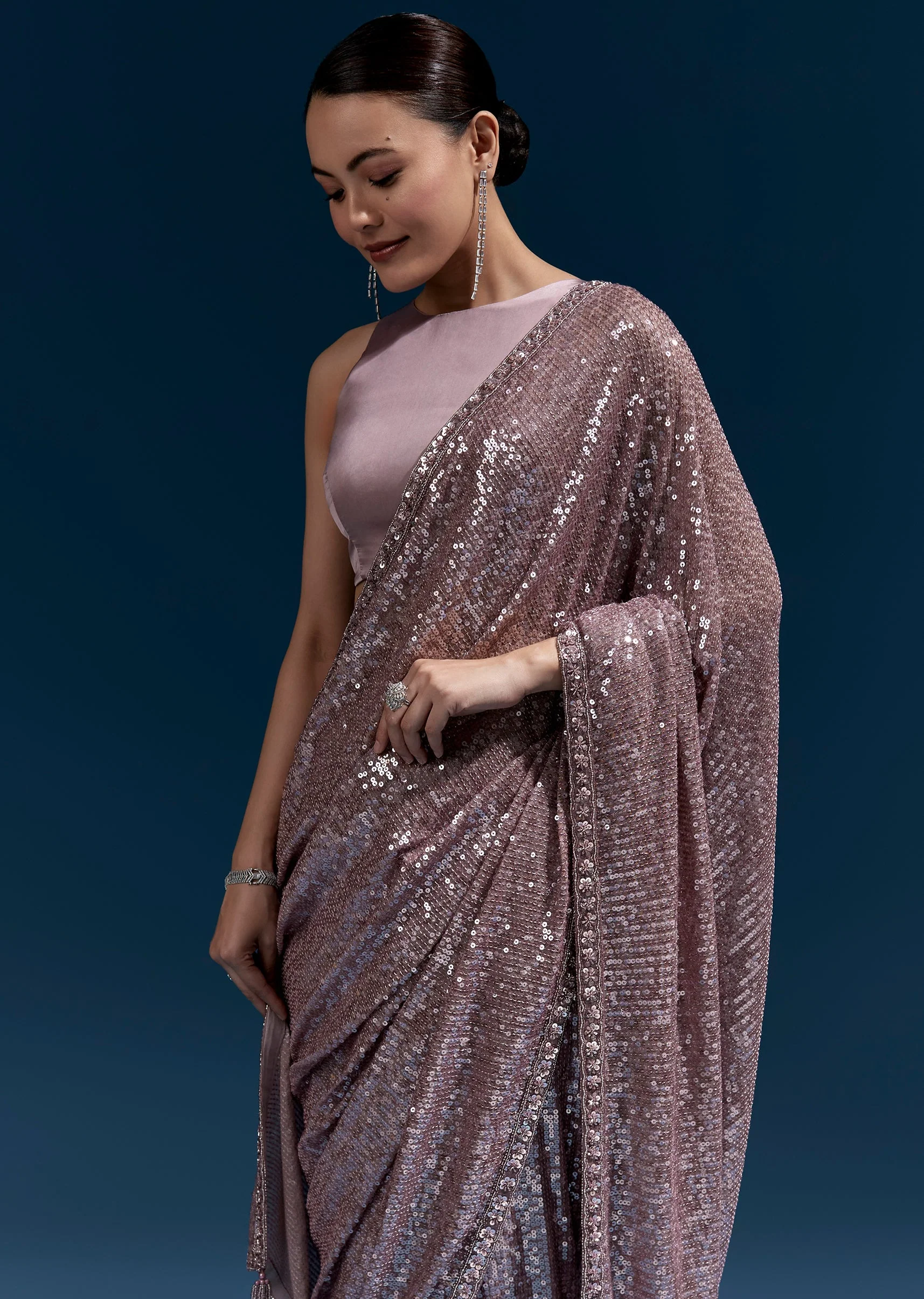 Purple Net Sequin Saree With Linear All Over Work And Hand Embroidered Floral Border