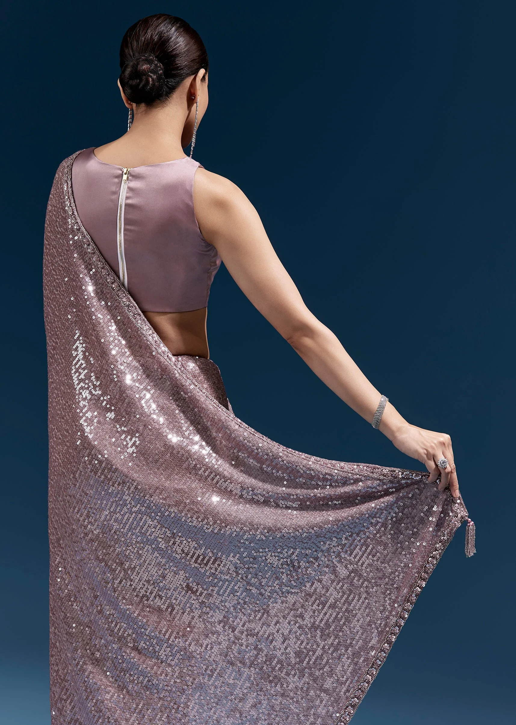 Purple Net Sequin Saree With Linear All Over Work And Hand Embroidered Floral Border