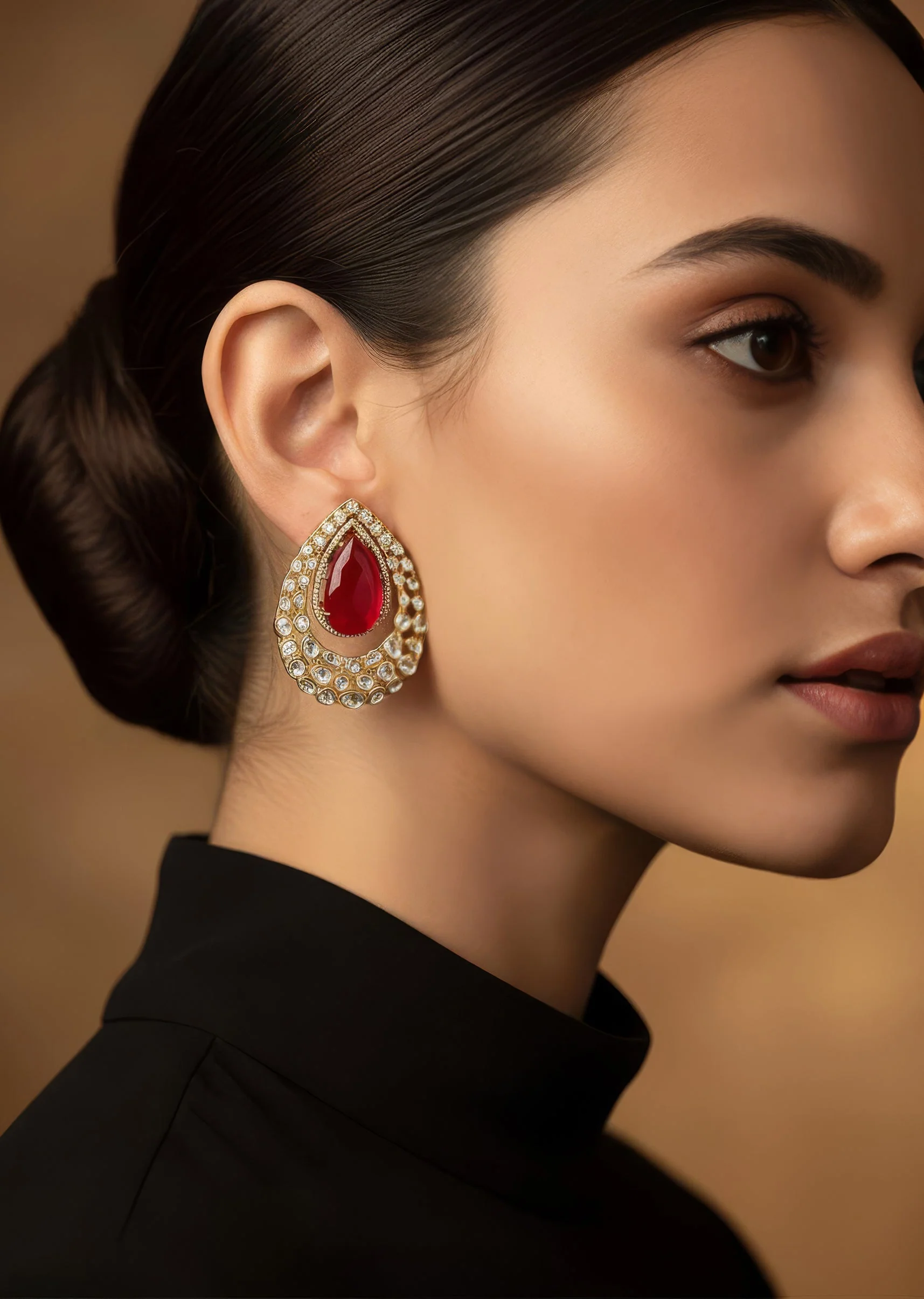 Gold Plated Red Kundan Polki Stud Earrings