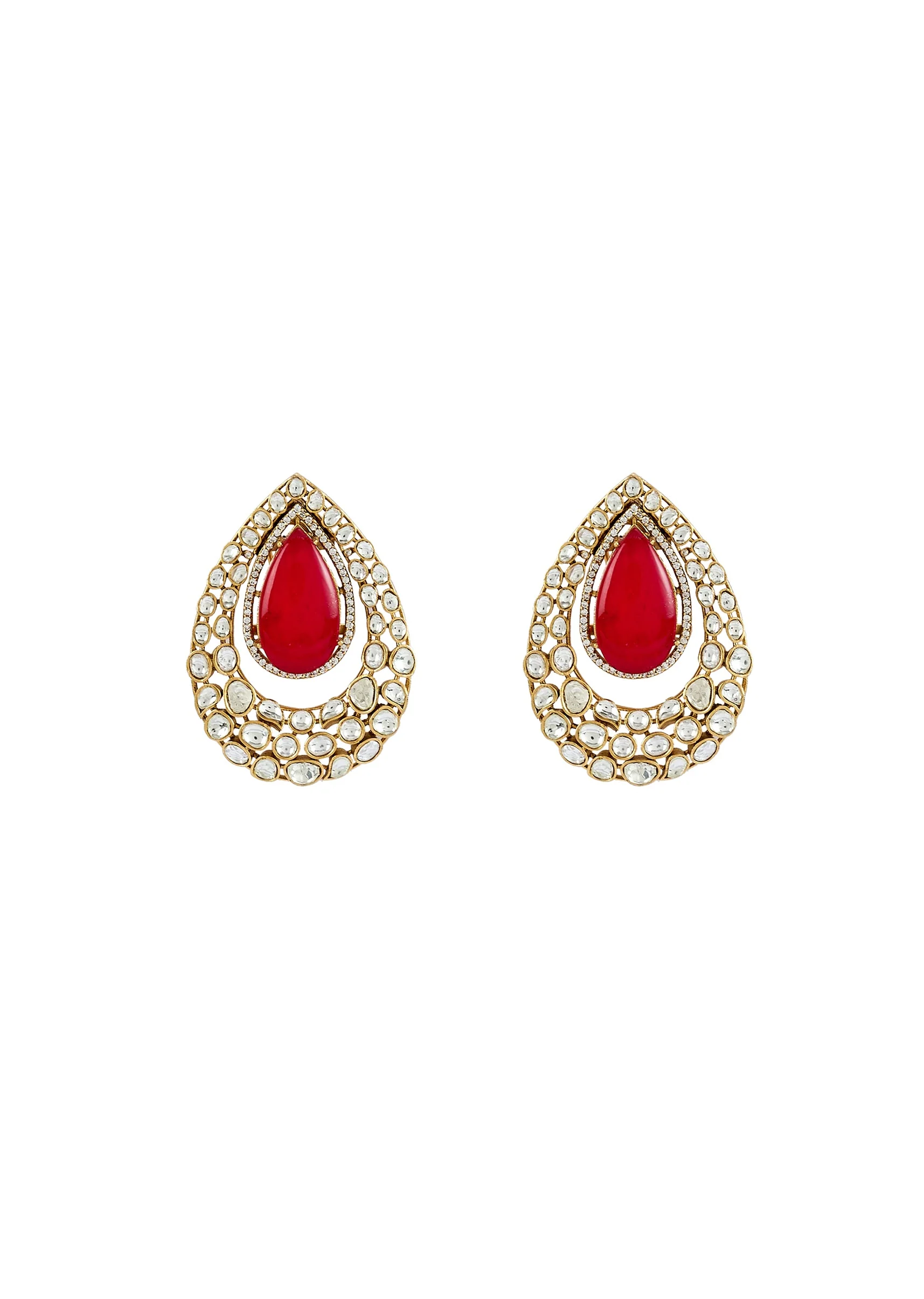 Gold Plated Red Kundan Polki Stud Earrings