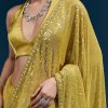Yellow Net Sequin Saree With Linear All Over Work And Hand Embroidered Floral Border