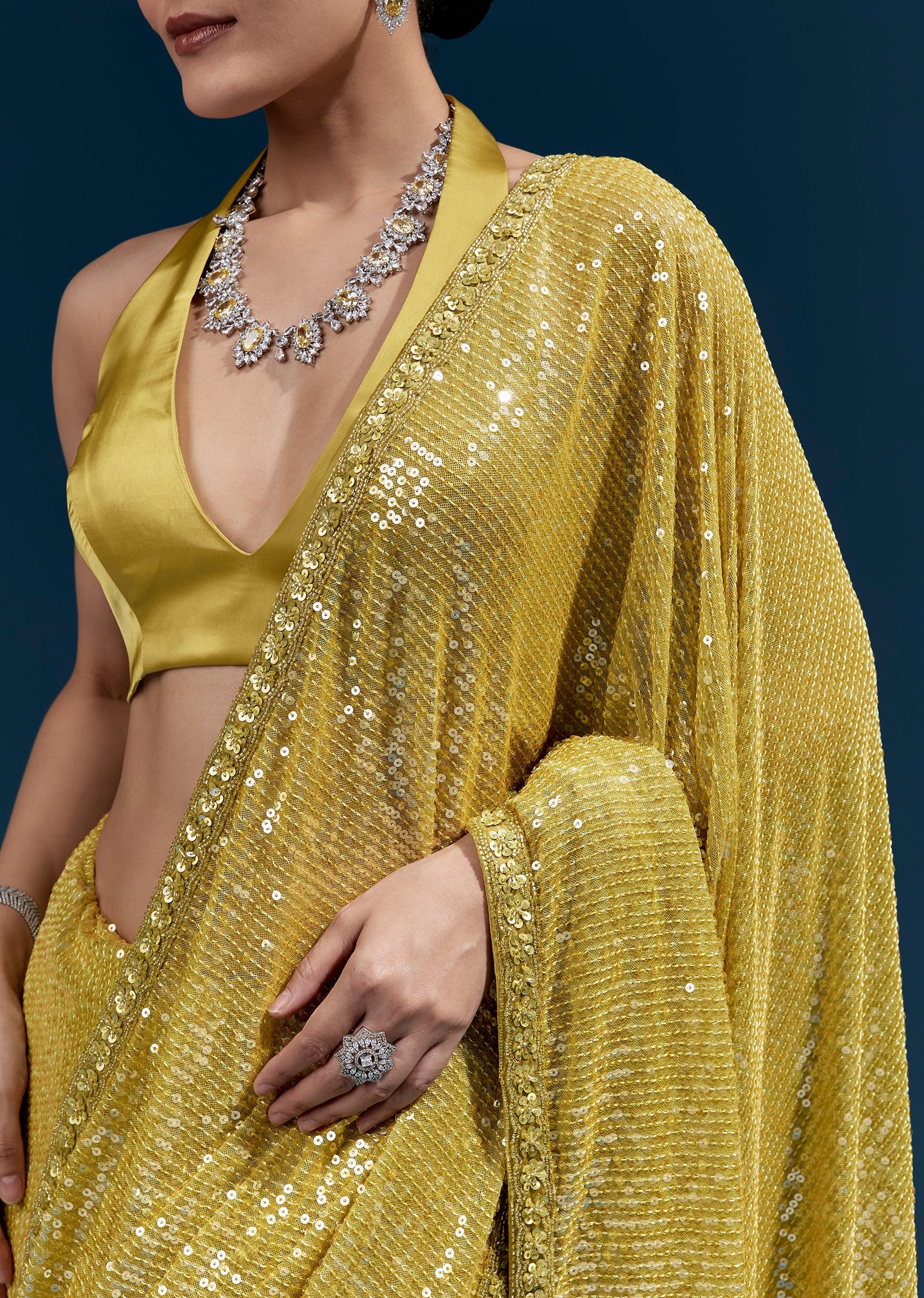 Yellow Net Sequin Saree With Linear All Over Work And Hand Embroidered Floral Border