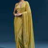 Yellow Net Sequin Saree With Linear All Over Work And Hand Embroidered Floral Border