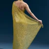 Yellow Net Sequin Saree With Linear All Over Work And Hand Embroidered Floral Border