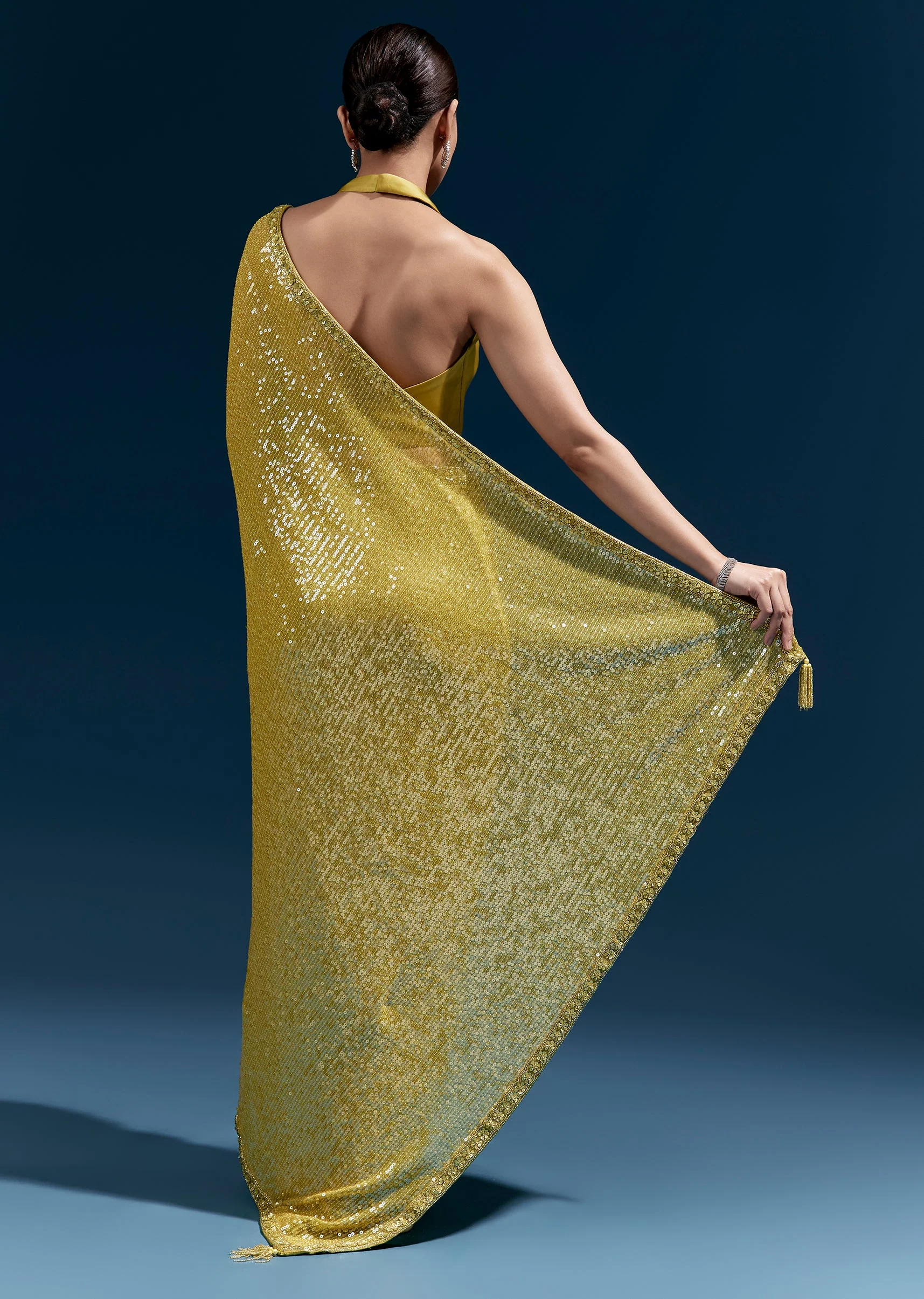 Yellow Net Sequin Saree With Linear All Over Work And Hand Embroidered Floral Border