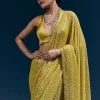 Yellow Net Sequin Saree With Linear All Over Work And Hand Embroidered Floral Border