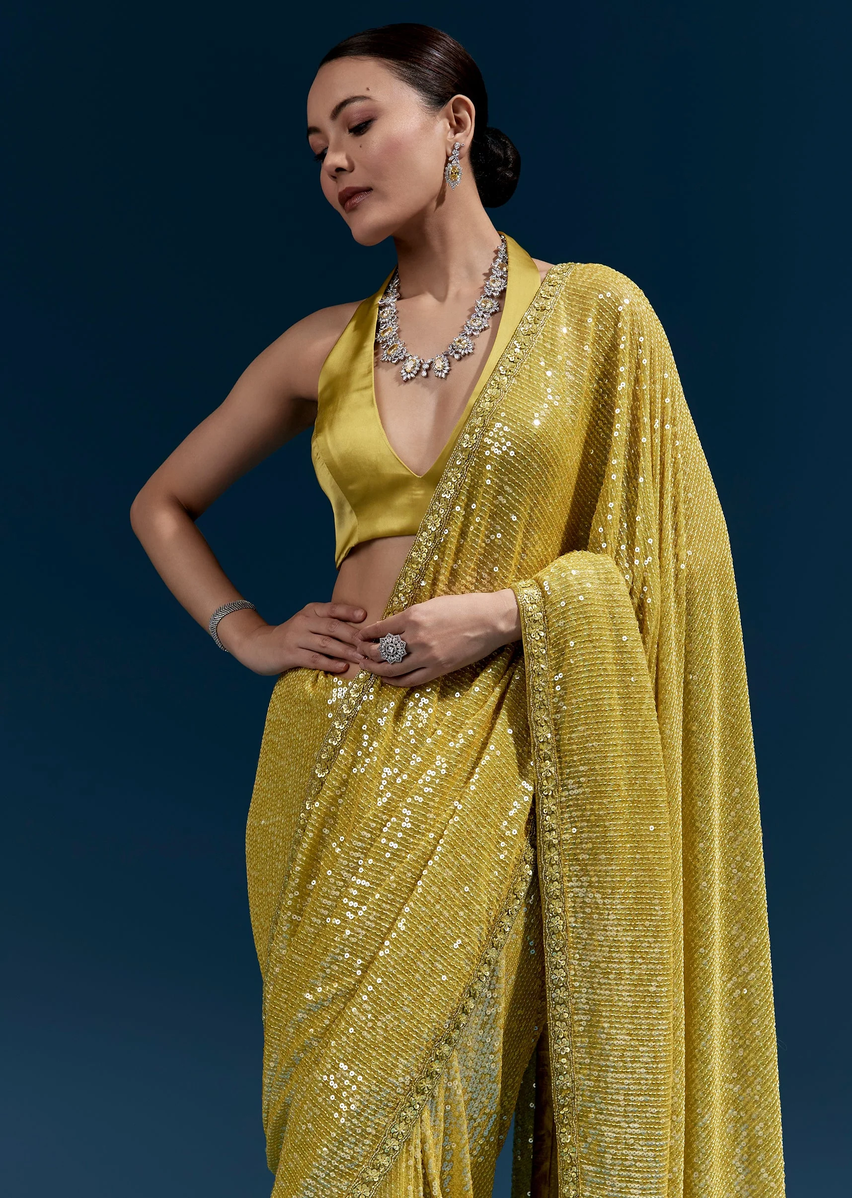 Yellow Net Sequin Saree With Linear All Over Work And Hand Embroidered Floral Border