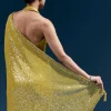 Yellow Net Sequin Saree With Linear All Over Work And Hand Embroidered Floral Border