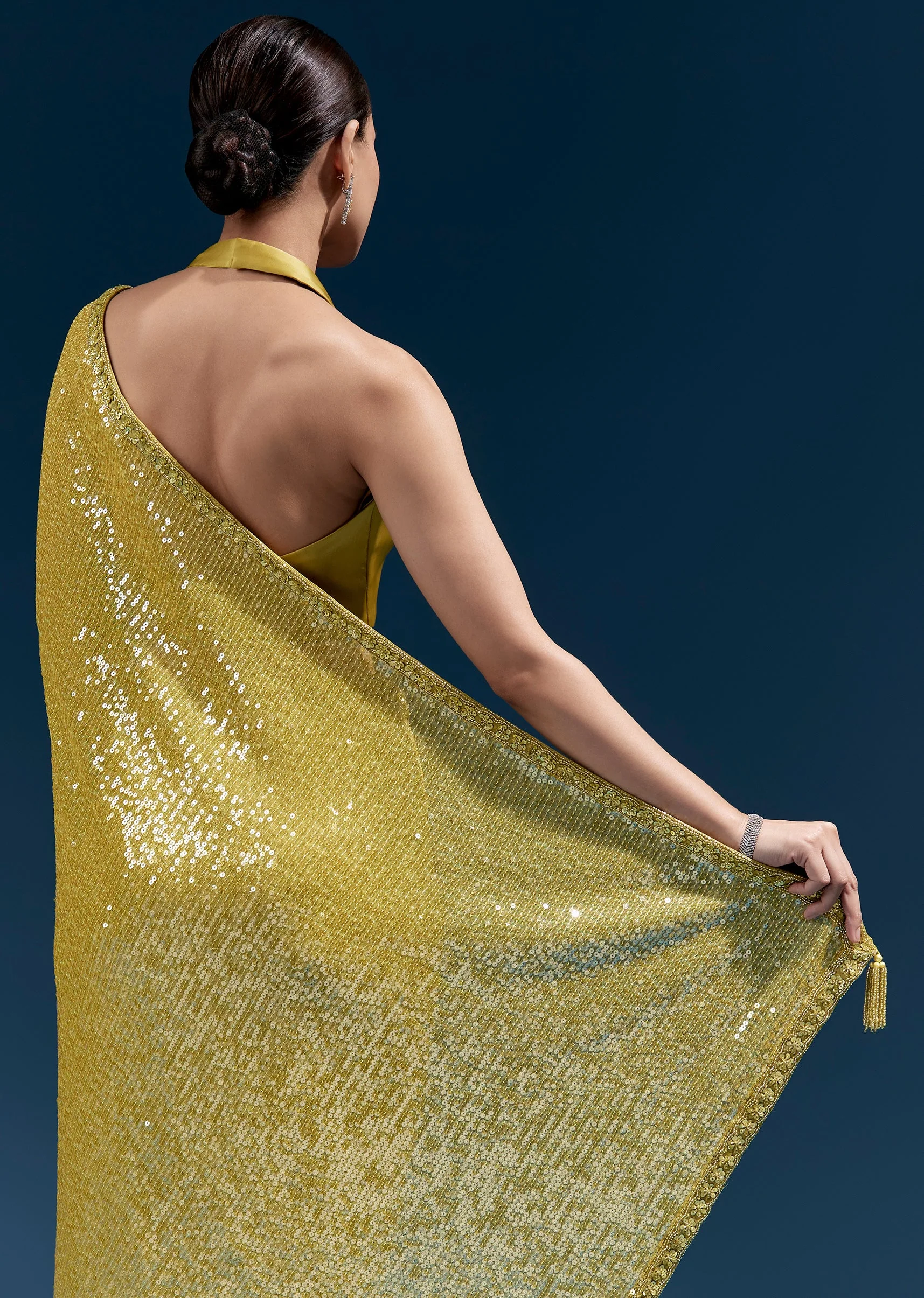 Yellow Net Sequin Saree With Linear All Over Work And Hand Embroidered Floral Border