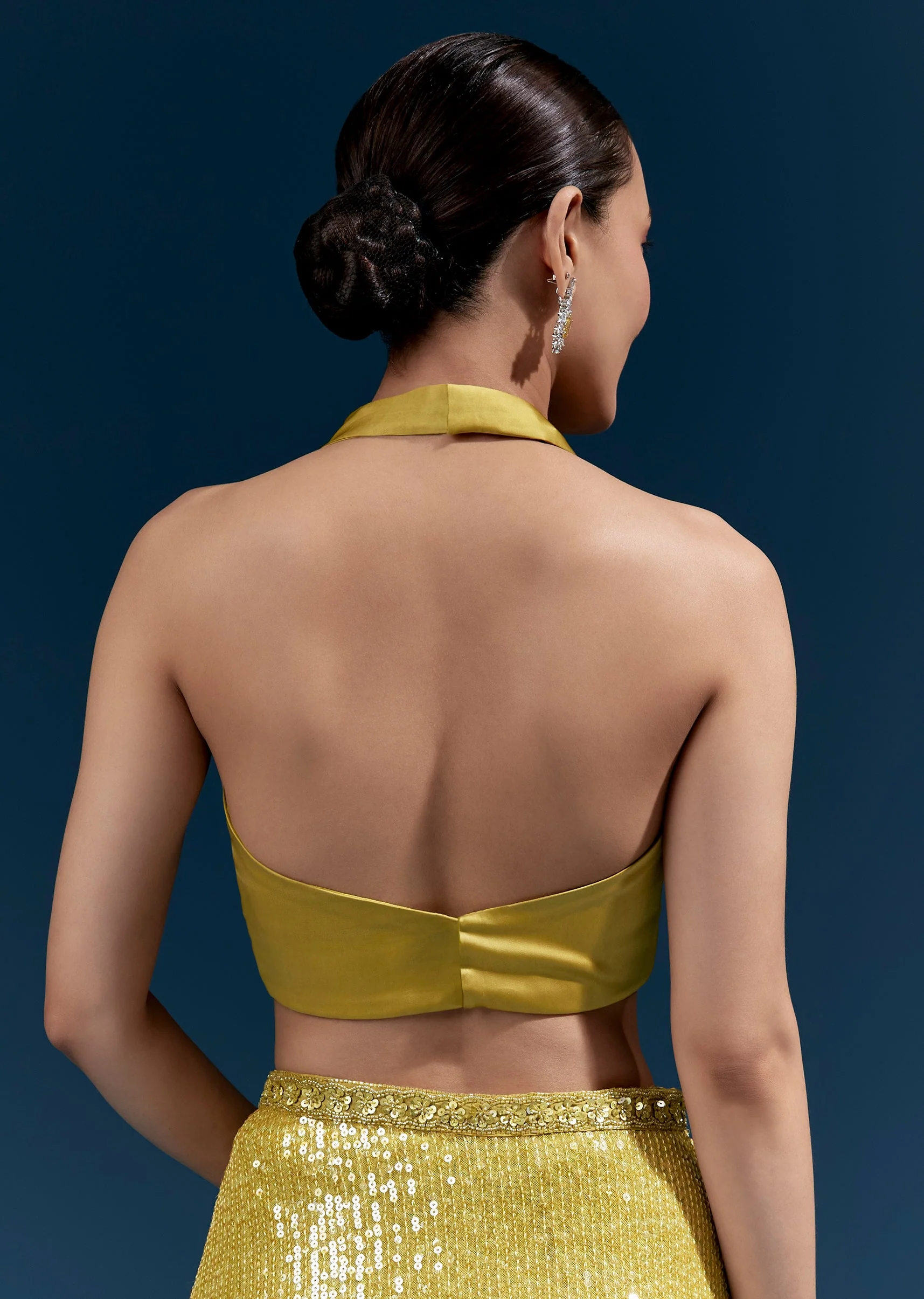 Yellow Net Sequin Saree With Linear All Over Work And Hand Embroidered Floral Border