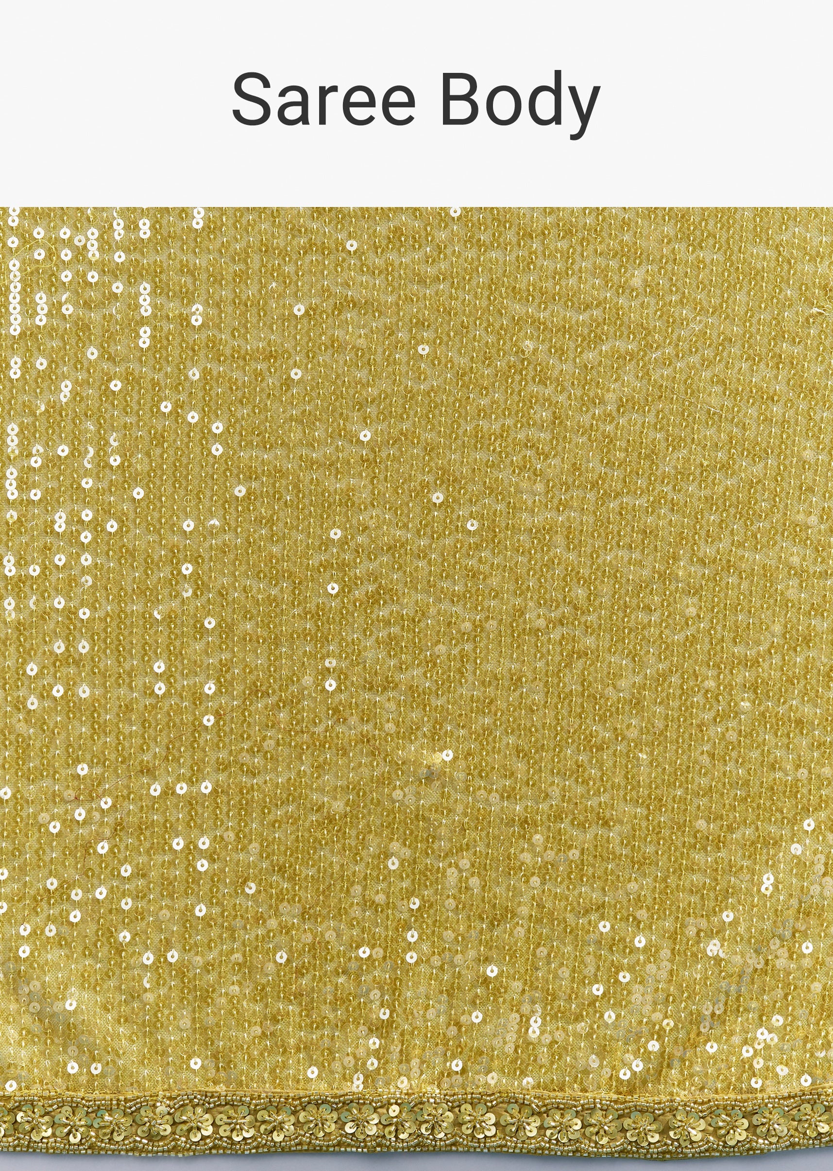 Yellow Net Sequin Saree With Linear All Over Work And Hand Embroidered Floral Border
