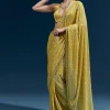 Yellow Net Sequin Saree With Linear All Over Work And Hand Embroidered Floral Border