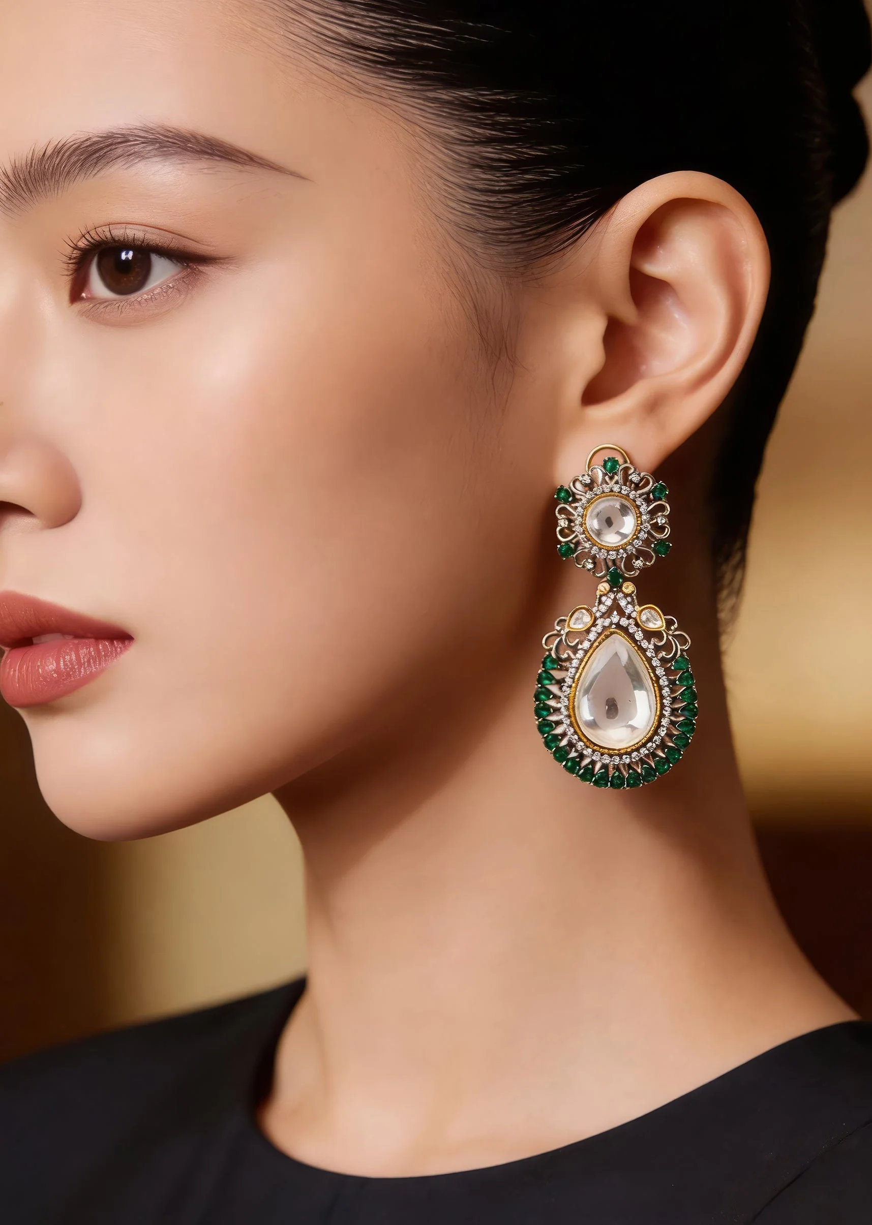 Silver Plated Green Kundan Polki Drop Earrings