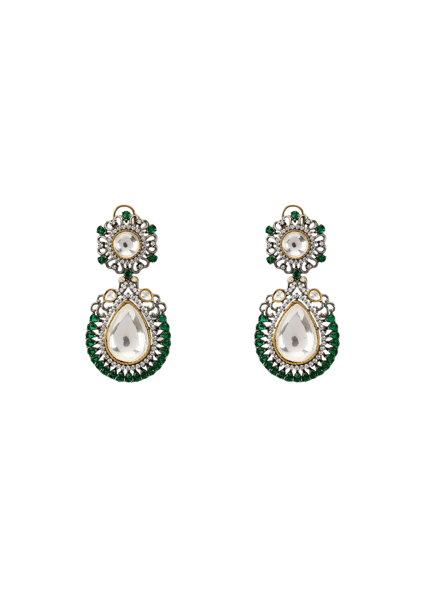 Silver Plated Green Kundan Polki Drop Earrings