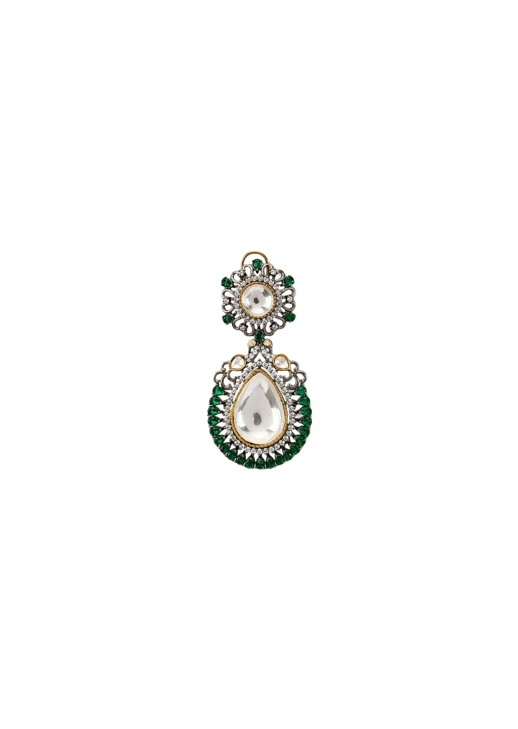 Silver Plated Green Kundan Polki Drop Earrings