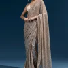 Coffee Brown Net Sequin Saree With Linear All Over Work And Hand Embroidered Floral Border