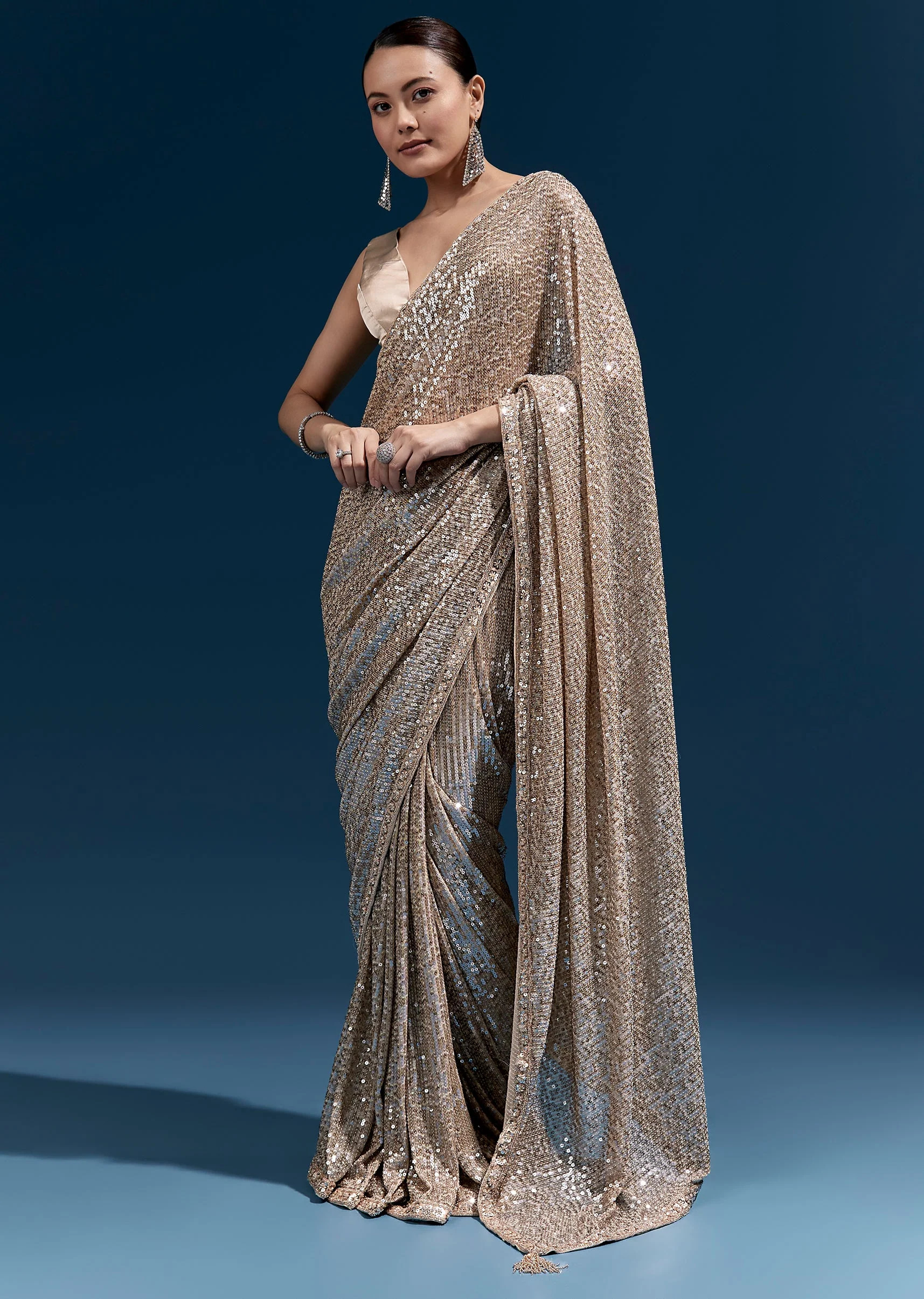 Coffee Brown Net Sequin Saree With Linear All Over Work And Hand Embroidered Floral Border