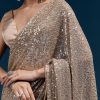 Coffee Brown Net Sequin Saree With Linear All Over Work And Hand Embroidered Floral Border