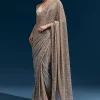 Coffee Brown Net Sequin Saree With Linear All Over Work And Hand Embroidered Floral Border
