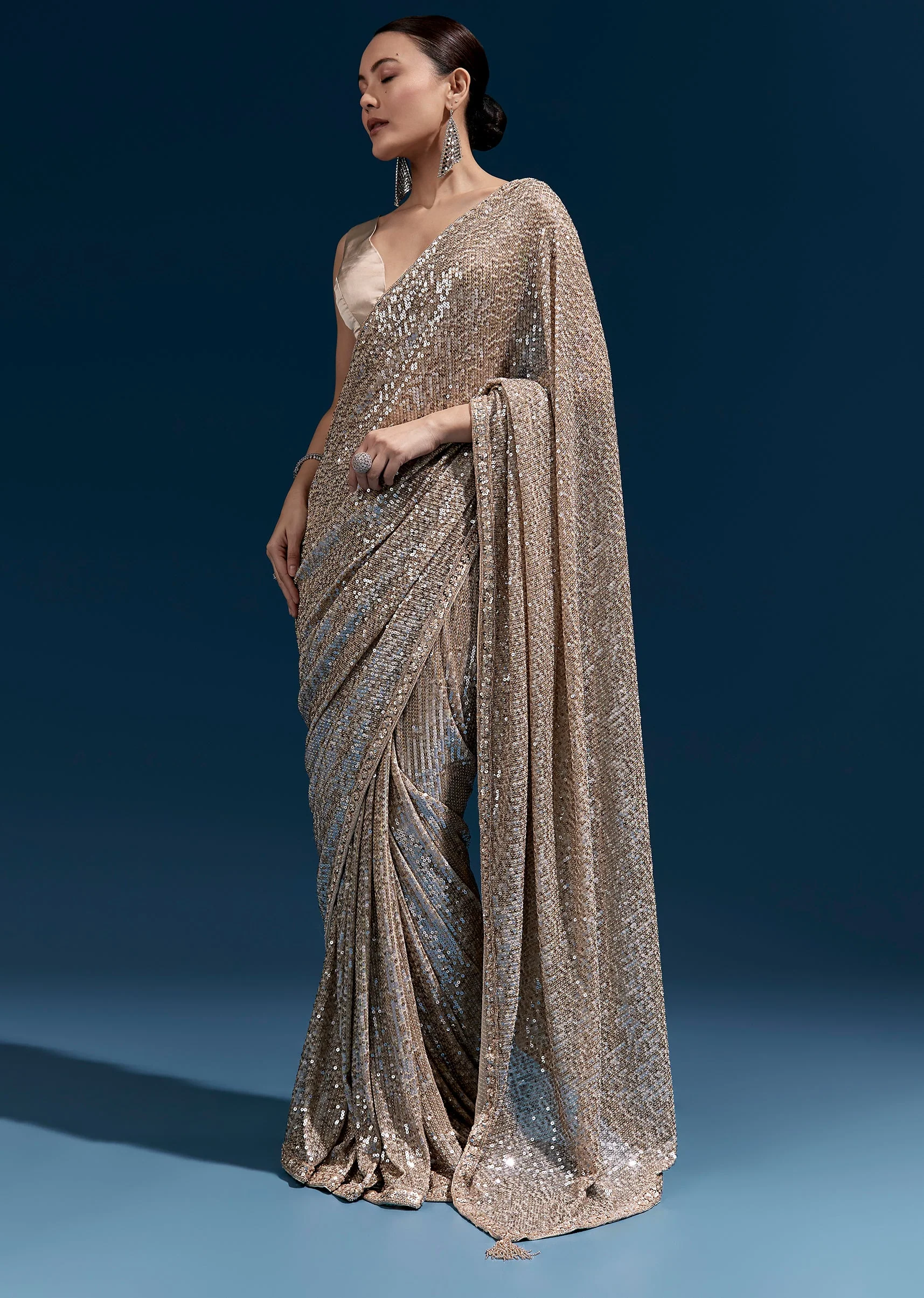 Coffee Brown Net Sequin Saree With Linear All Over Work And Hand Embroidered Floral Border