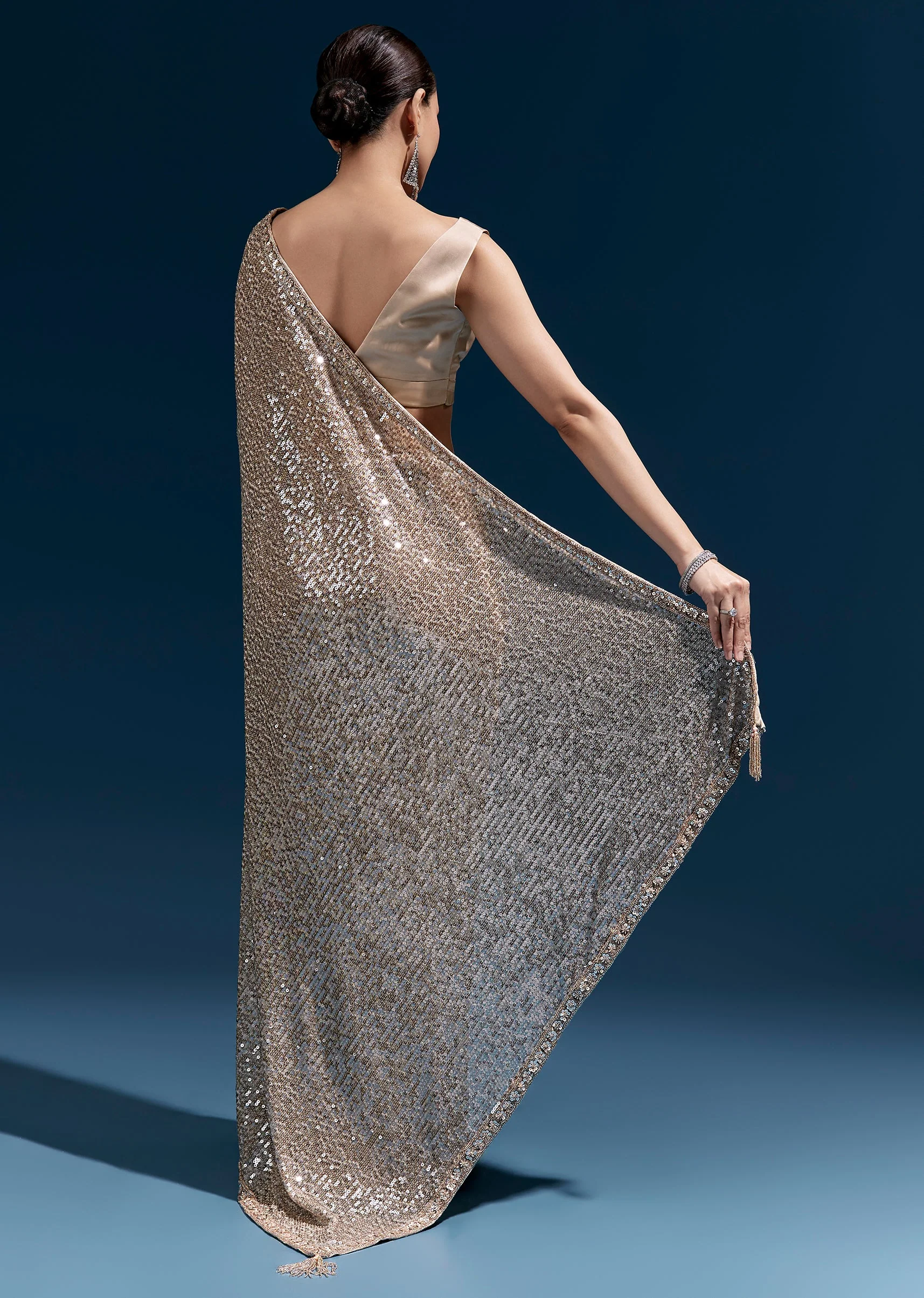 Coffee Brown Net Sequin Saree With Linear All Over Work And Hand Embroidered Floral Border
