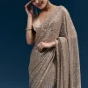 Coffee Brown Net Sequin Saree With Linear All Over Work And Hand Embroidered Floral Border