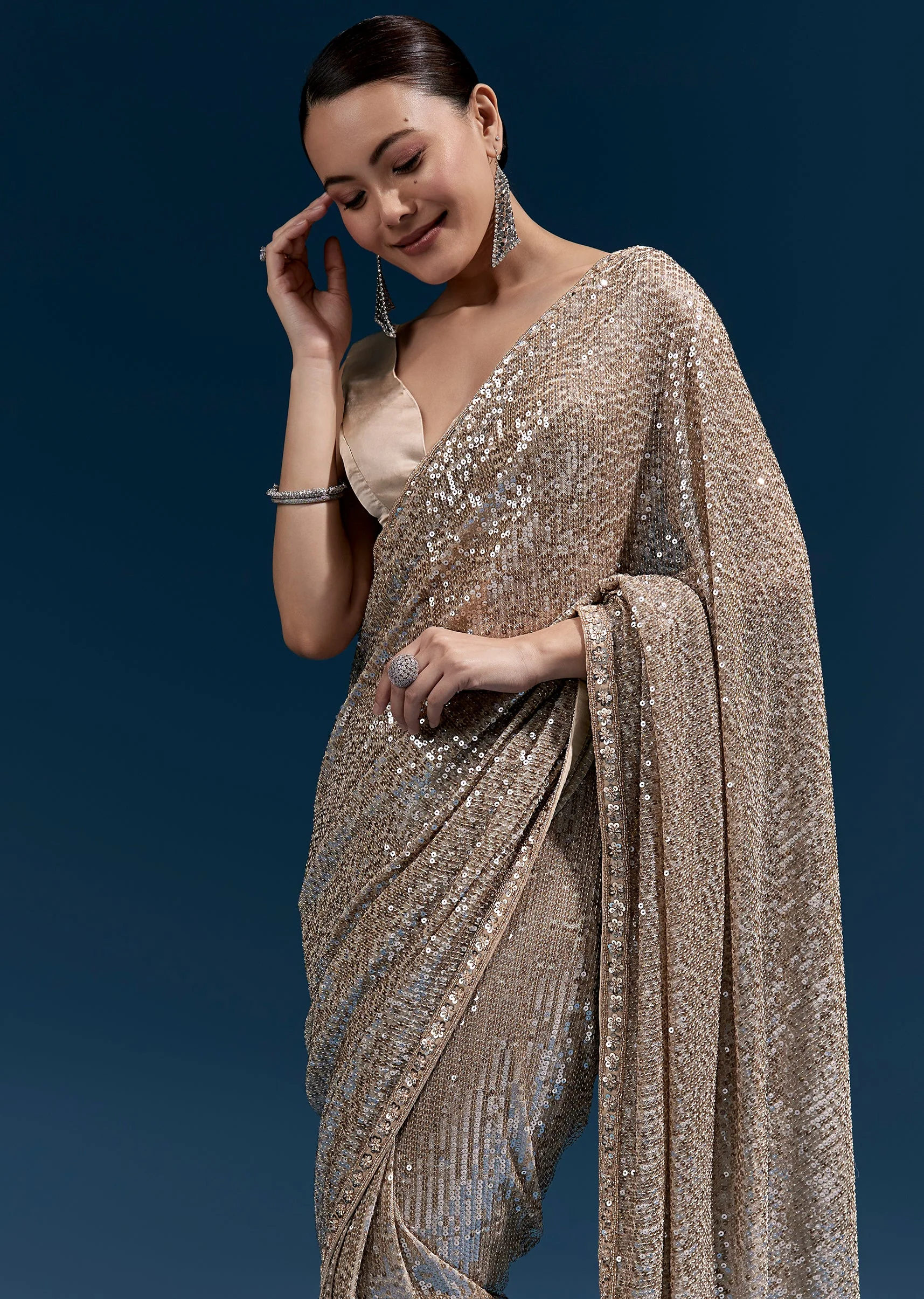 Coffee Brown Net Sequin Saree With Linear All Over Work And Hand Embroidered Floral Border