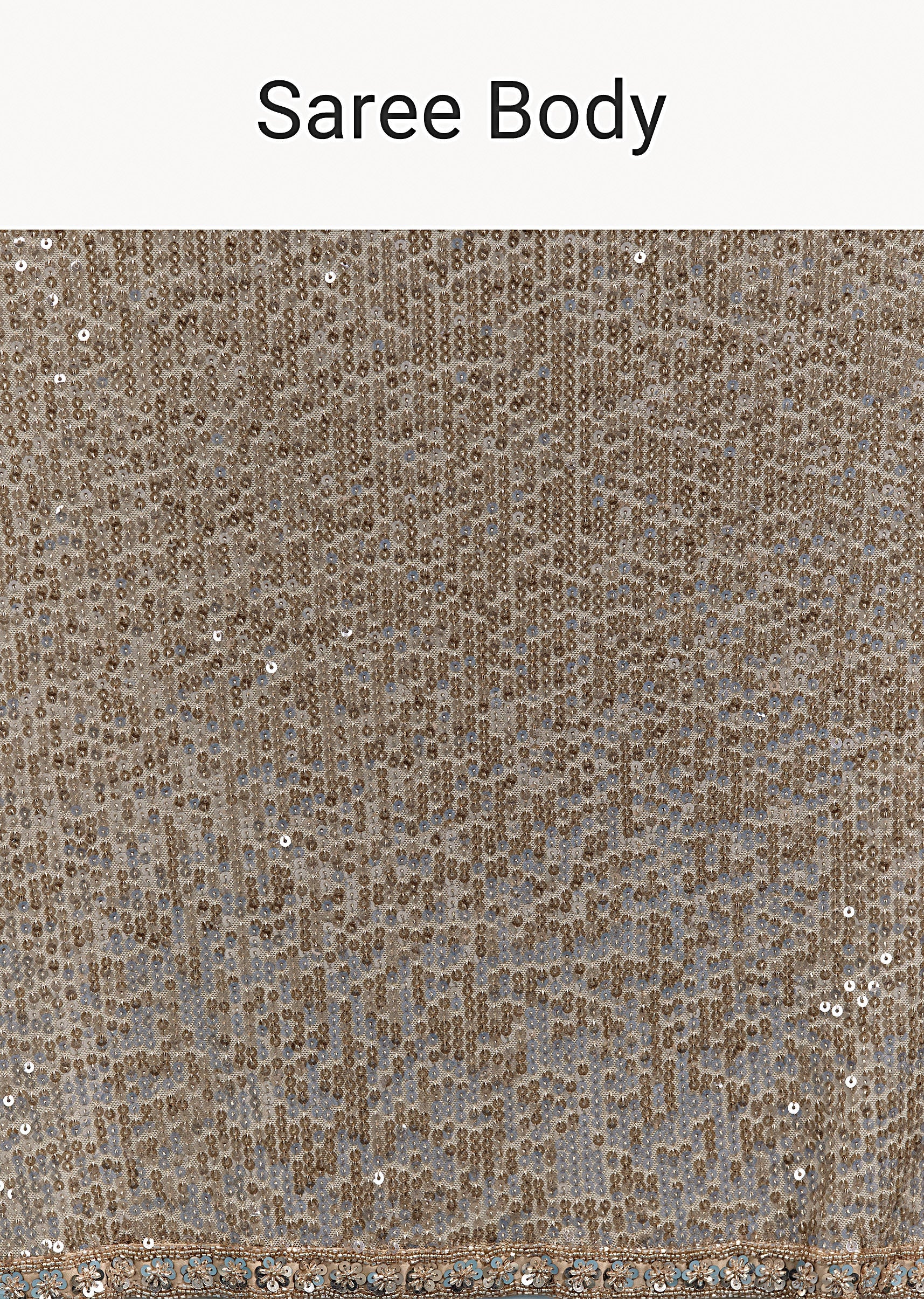 Coffee Brown Net Sequin Saree With Linear All Over Work And Hand Embroidered Floral Border