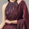 Wine Satin Blend Saree With Cut Dana And Sequin Embellished Halter Neckline Blouse