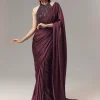 Wine Satin Blend Saree With Cut Dana And Sequin Embellished Halter Neckline Blouse
