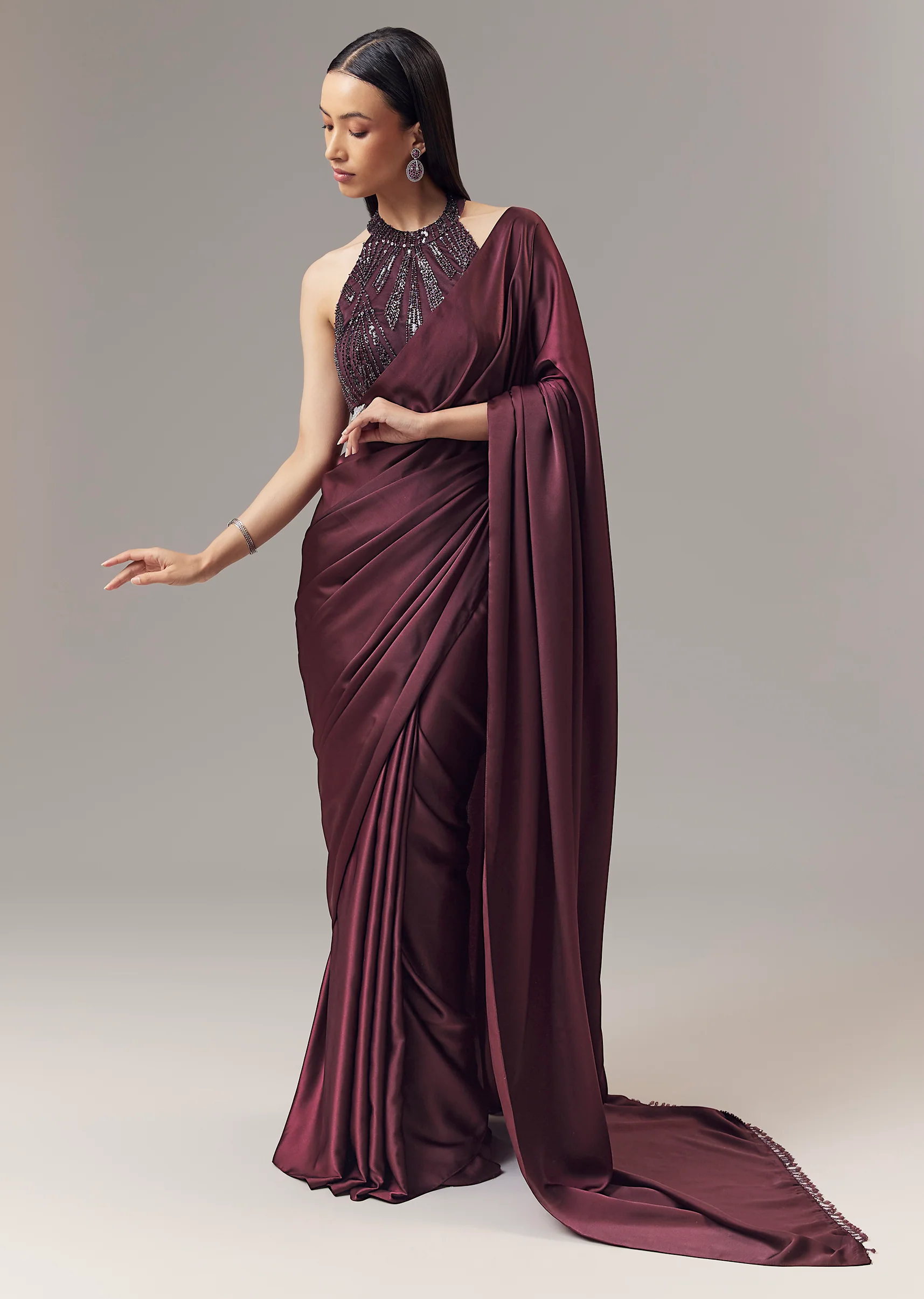 Wine Satin Blend Saree With Cut Dana And Sequin Embellished Halter Neckline Blouse