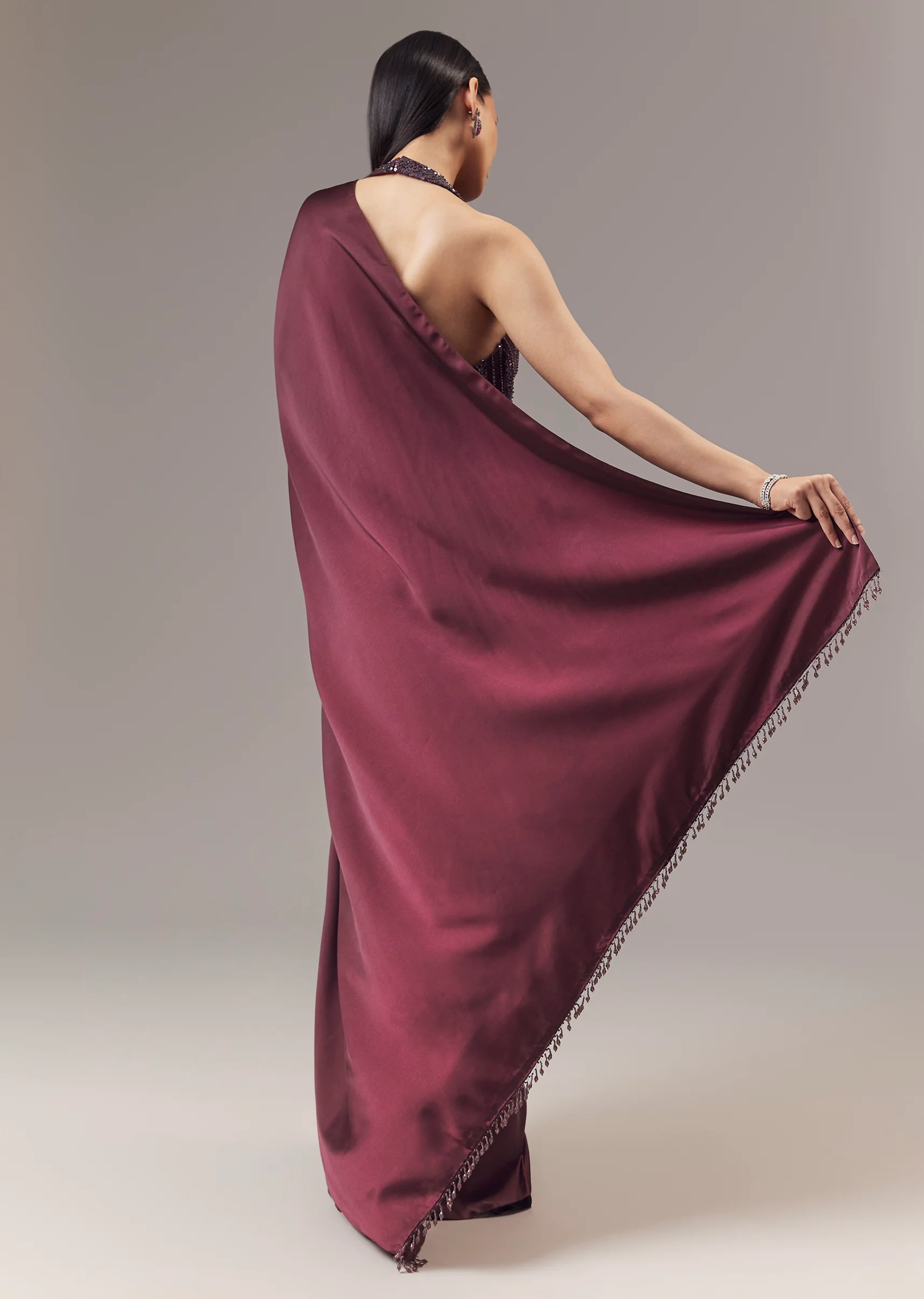 Wine Satin Blend Saree With Cut Dana And Sequin Embellished Halter Neckline Blouse
