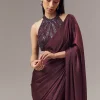 Wine Satin Blend Saree With Cut Dana And Sequin Embellished Halter Neckline Blouse