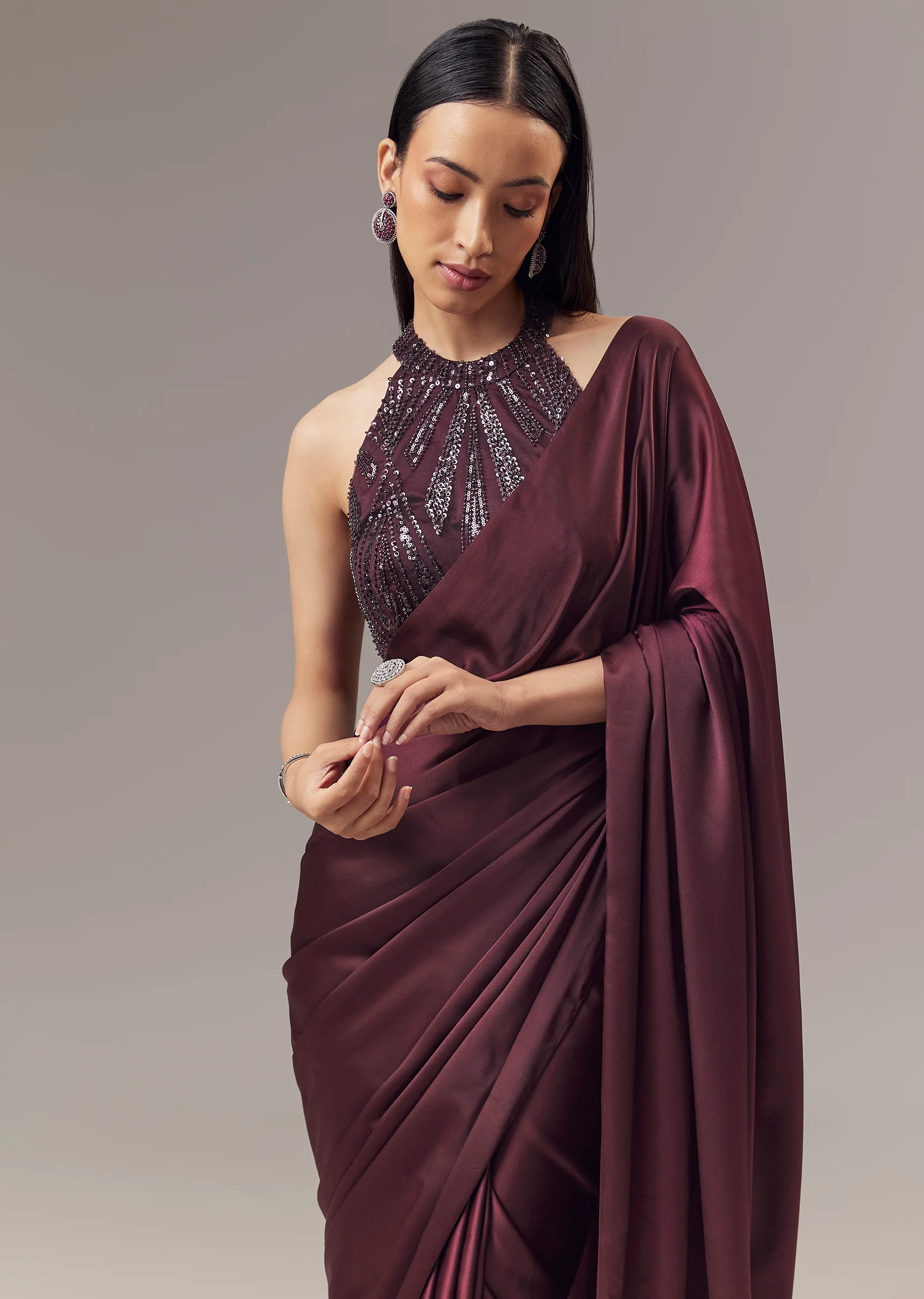 Wine Satin Blend Saree With Cut Dana And Sequin Embellished Halter Neckline Blouse