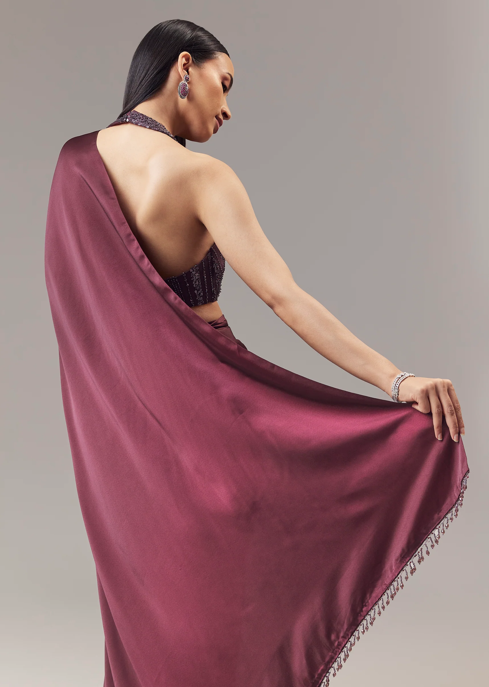Wine Satin Blend Saree With Cut Dana And Sequin Embellished Halter Neckline Blouse