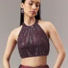 Wine Satin Blend Saree With Cut Dana And Sequin Embellished Halter Neckline Blouse