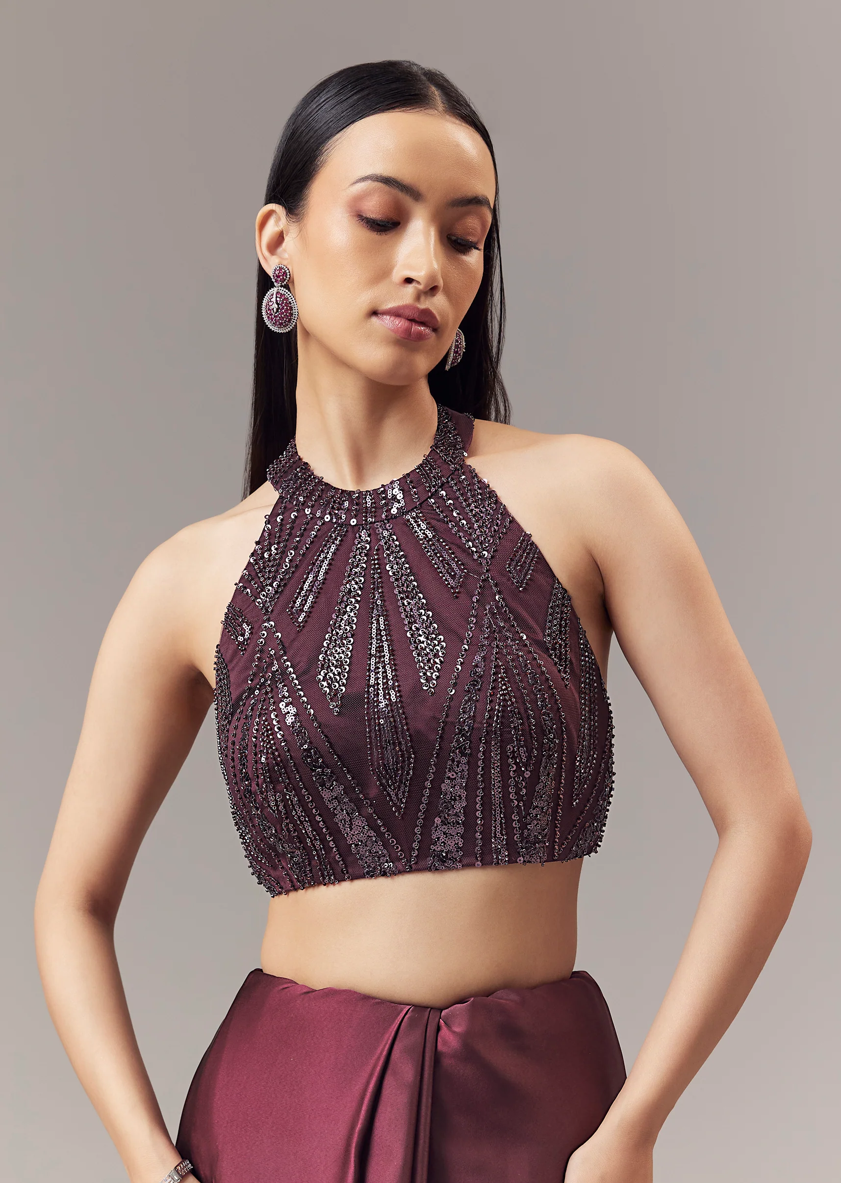 Wine Satin Blend Saree With Cut Dana And Sequin Embellished Halter Neckline Blouse