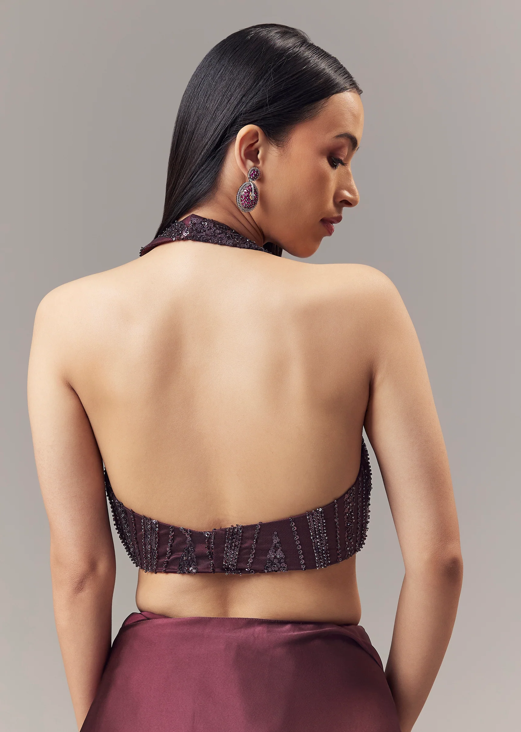 Wine Satin Blend Saree With Cut Dana And Sequin Embellished Halter Neckline Blouse
