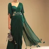 Emerald Green Ready Pleated Saree In Georgette With Bell Sleeves Crop Top And Chunky Embroidered Belt