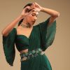 Emerald Green Ready Pleated Saree In Georgette With Bell Sleeves Crop Top And Chunky Embroidered Belt