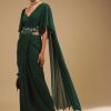 Emerald Green Ready Pleated Saree In Georgette With Bell Sleeves Crop Top And Chunky Embroidered Belt