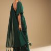 Emerald Green Ready Pleated Saree In Georgette With Bell Sleeves Crop Top And Chunky Embroidered Belt