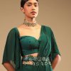 Emerald Green Ready Pleated Saree In Georgette With Bell Sleeves Crop Top And Chunky Embroidered Belt