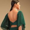 Emerald Green Ready Pleated Saree In Georgette With Bell Sleeves Crop Top And Chunky Embroidered Belt