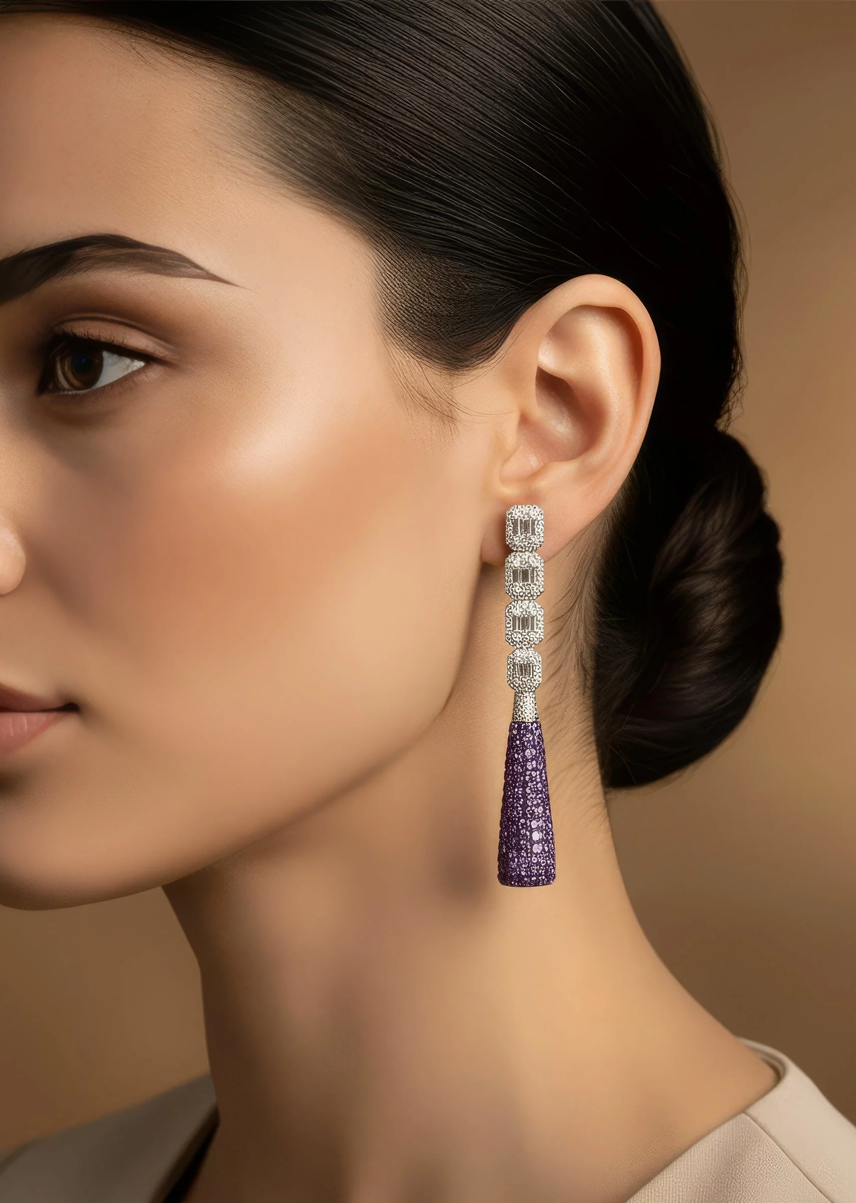 Silver Plated Purple Zircon Dangler Earrings