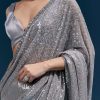 Grey Net Sequin Saree With Linear All Over Work And Hand Embroidered Floral Border