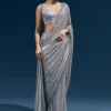 Grey Net Sequin Saree With Linear All Over Work And Hand Embroidered Floral Border